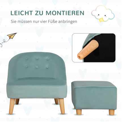Velvet armchair for children with footstool, green, 51cm