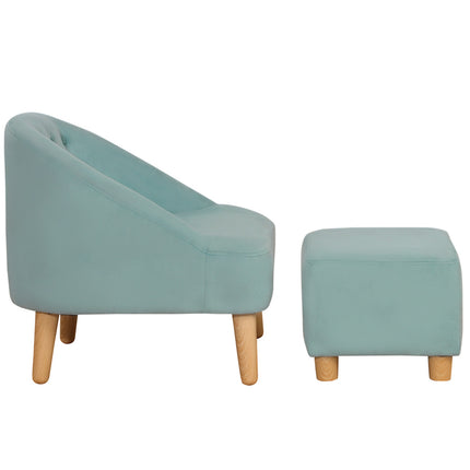 Velvet armchair for children with footstool, green, 51cm