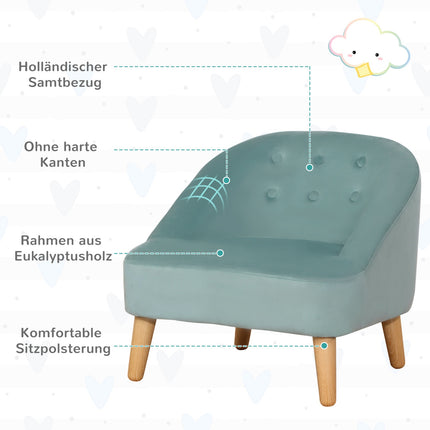 Velvet armchair for children with footstool, green, 51cm