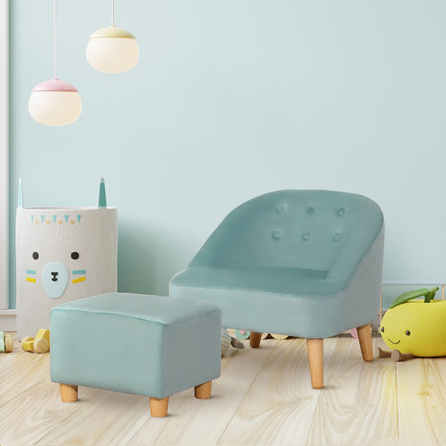 Velvet armchair for children with footstool, green, 51cm
