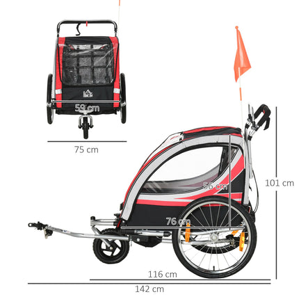 2-in-1 children's bike trailer with suspension and brake, red/black