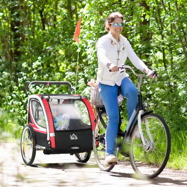 2-in-1 children's bike trailer with suspension and brake, red/black
