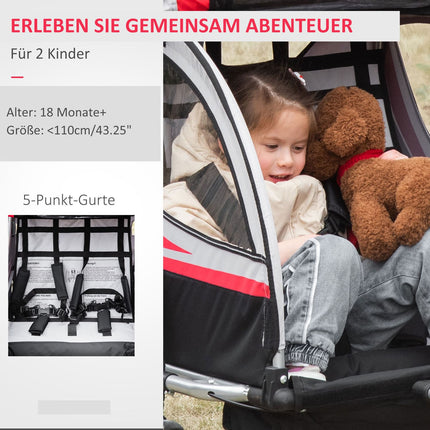 2-in-1 children's bike trailer with suspension and brake, red/black