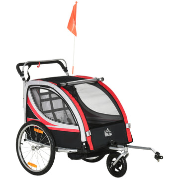 2-in-1 children's bike trailer with suspension and brake, red/black