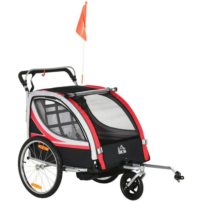 2-in-1 children's bike trailer with suspension and brake, red/black
