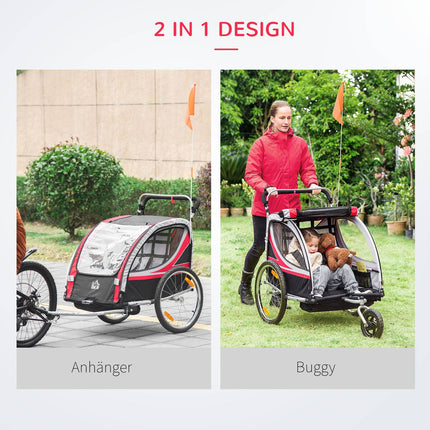 2-in-1 children's bike trailer with suspension and brake, red/black
