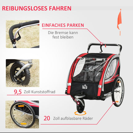 2-in-1 children's bike trailer with suspension and brake, red/black