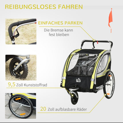 Children's bicycle stroller with suspension & brake, yellow/black