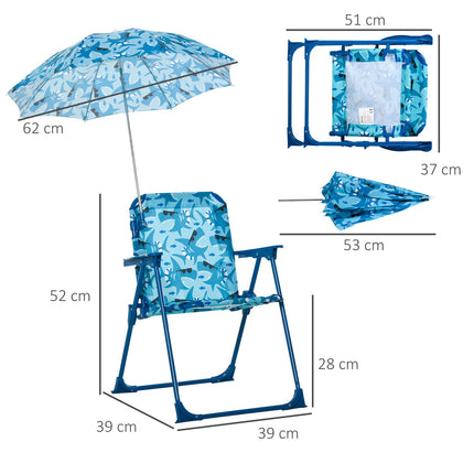 Folding children's camping chair with parasol, blue, lightweight