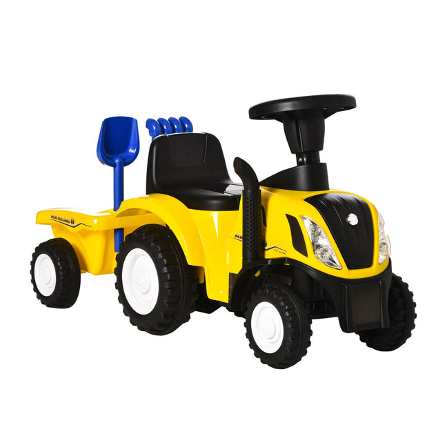 Yellow ride-on tractor with trailer and horn for children