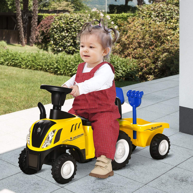 Yellow ride-on tractor with trailer and horn for children