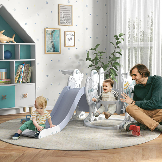 Children's 3-in-1 slide and swing set with basketball hoop
