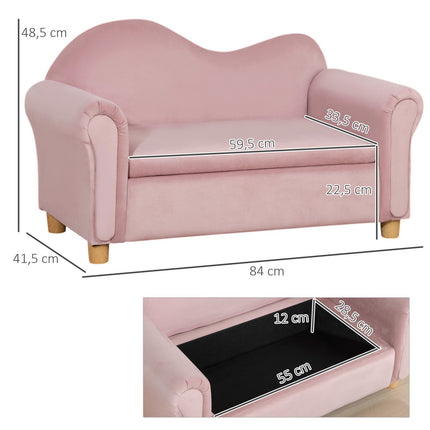 Pink fleece sofa for children with storage, 2-seater, 3-5 years