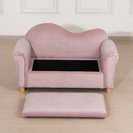 Pink fleece sofa for children with storage, 2-seater, 3-5 years