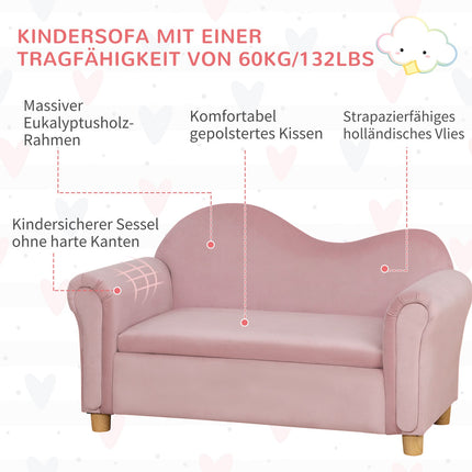 Pink fleece sofa for children with storage, 2-seater, 3-5 years
