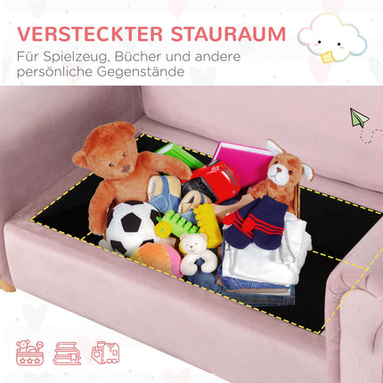 Pink fleece sofa for children with storage, 2-seater, 3-5 years