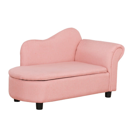 Pink sofa bed for children with storage, linen and wood