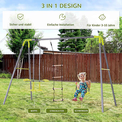 Garden swings for children with climbing ladder and seesaw