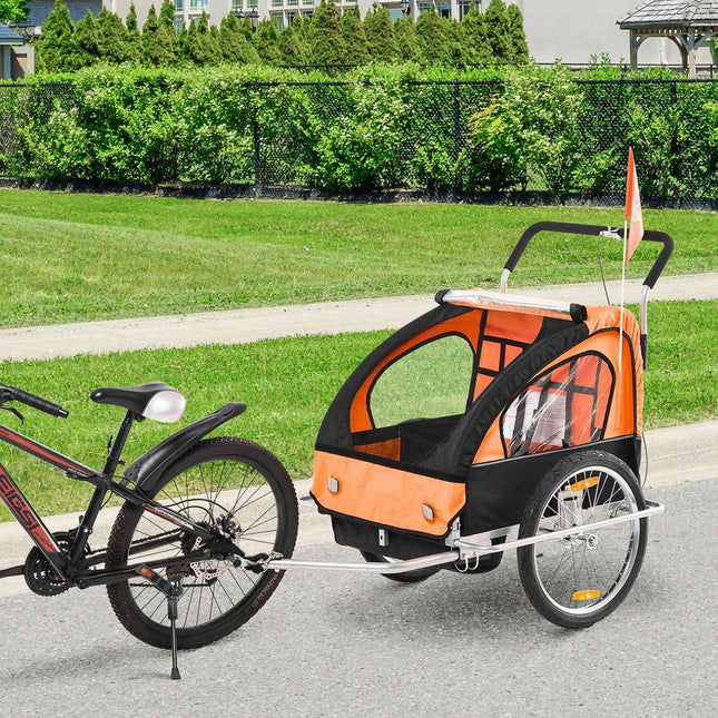 Children's bike carriage for 2 with flag, rain cover, steel