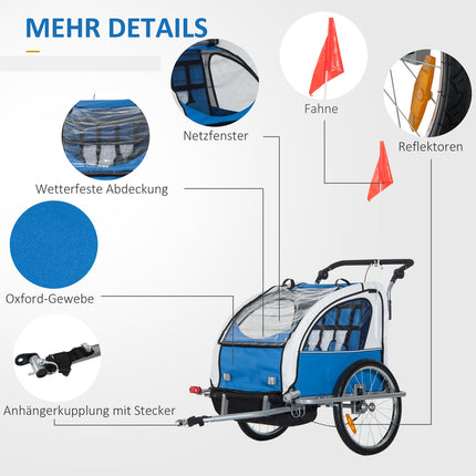 Children's bicycle stroller, blue - rain cover, breathable fabric