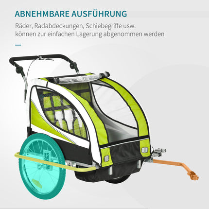 Children's bicycle stroller for 2 with rain cover, green/black