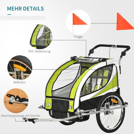 Children's bicycle stroller for 2 with rain cover, green/black