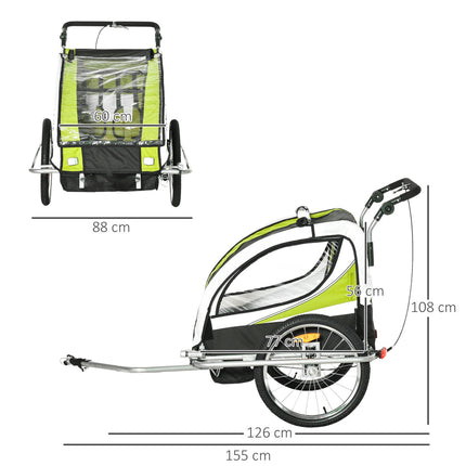 Children's bicycle stroller for 2 with rain cover, green/black