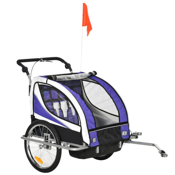 Children's bicycle stroller for 2 with rain cover, purple and black