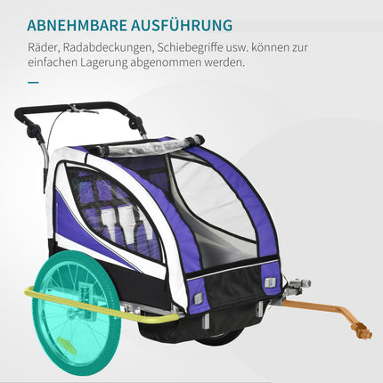 Children's bicycle stroller for 2 with rain cover, purple and black