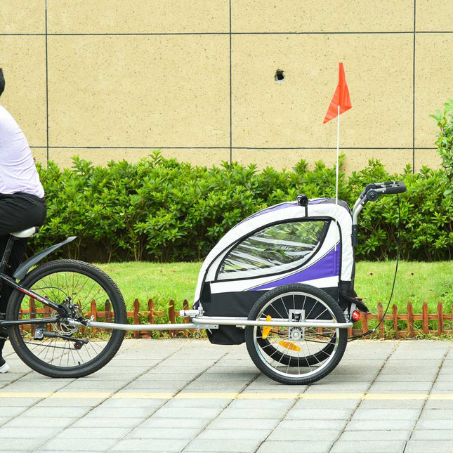Children's bicycle stroller for 2 with rain cover, purple and black