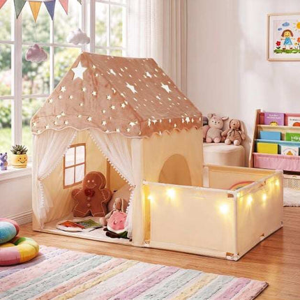 Children's 2-in-1 Play Tent with Glow Stars, Beige, 170x120x137 cm