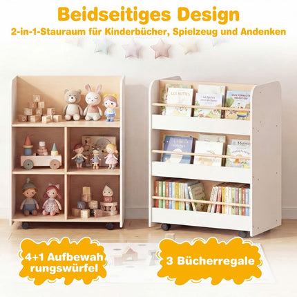 Children's 3-Tier Bookshelf with Wheels, Dual-Sided Display