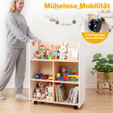 Children's 3-Tier Bookshelf with Wheels, Dual-Sided Display