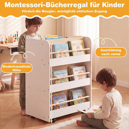 Children's 3-Tier Bookshelf with Wheels, Dual-Sided Display