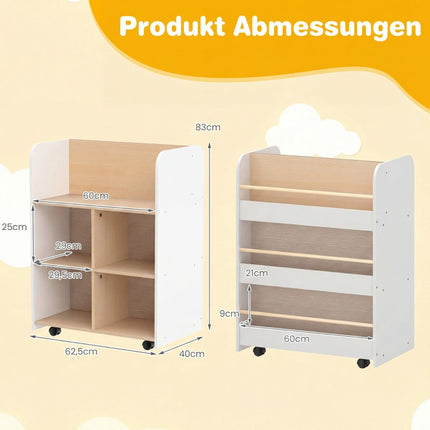 Children's 3-Tier Bookshelf with Wheels, Dual-Sided Display