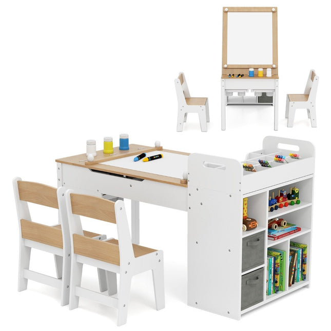 Children's Art Table Set with 2 Chairs, Adjustable Easel