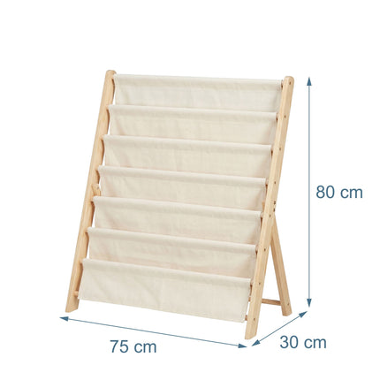 Children's Bookcase, 6 Fabric Pockets, Pine & Cotton
