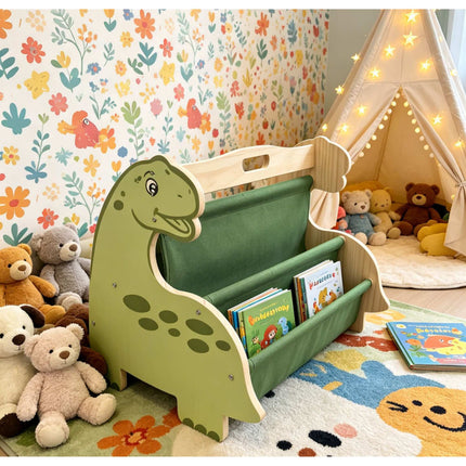 Children's Bookcase with 4 Fabric Pockets – Dino Design