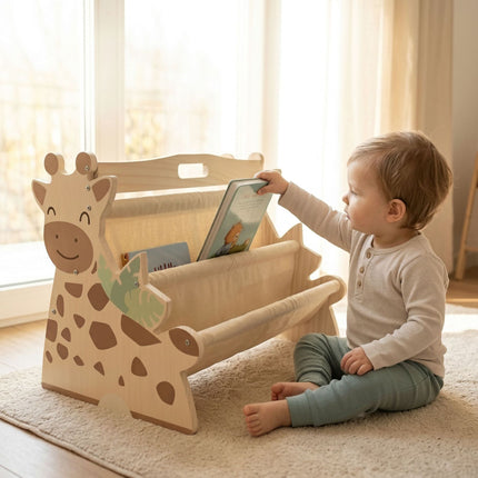 Children's Bookcase with 4 Fabric Pockets – Giraffe Design