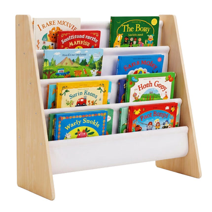 Children's Bookcase with 4 Fabric Pockets, Natural Wood