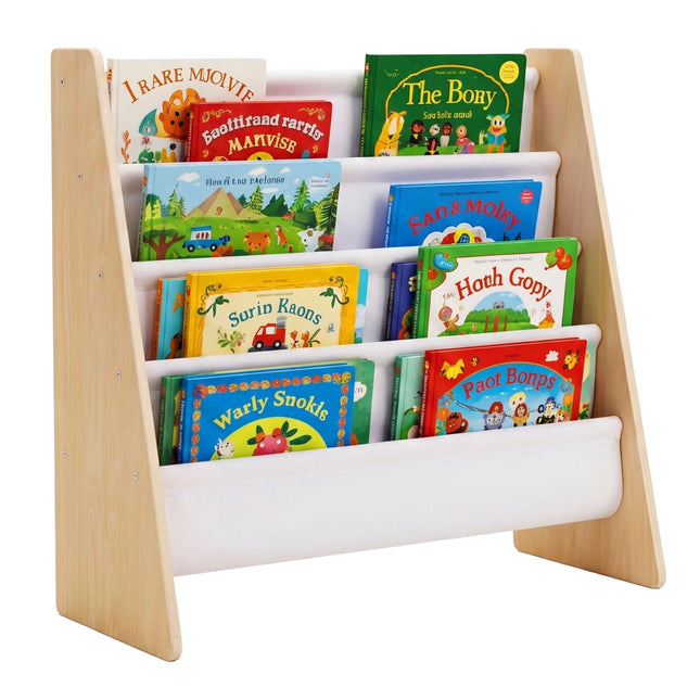 Children's Bookcase with 4 Fabric Pockets, Natural Wood