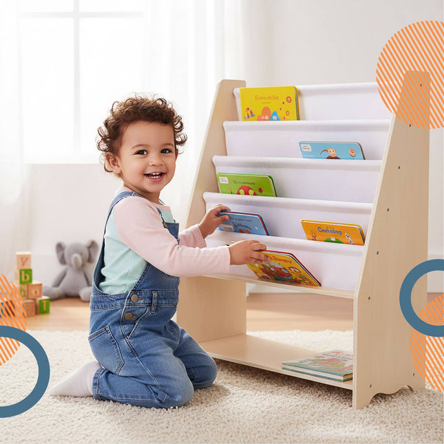 Children's Bookcase with 4 Fabric Pockets, Natural Wood