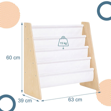 Children's Bookcase with 4 Fabric Pockets, Natural Wood