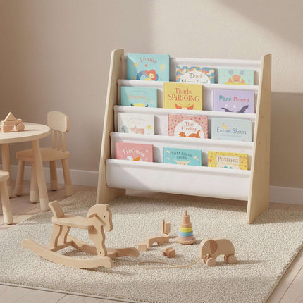 Children's Bookcase with 4 Fabric Pockets, Natural Wood