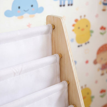 Children's Bookcase with 4 Fabric Pockets, Natural Wood