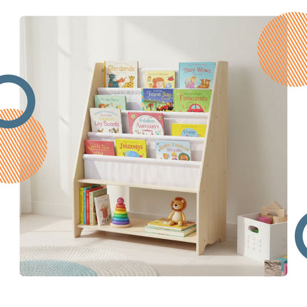 Children's Bookcase with 4 Fabric Pockets, Natural Wood