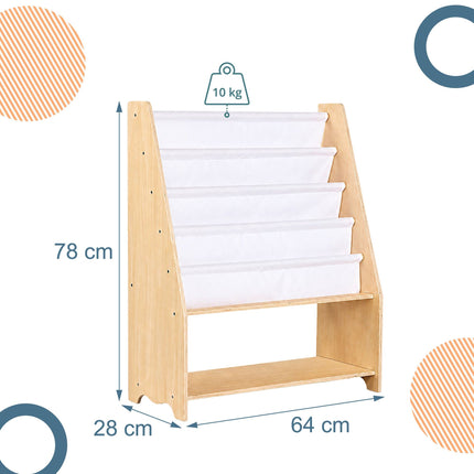 Children's Bookcase with 4 Fabric Pockets, Natural Wood