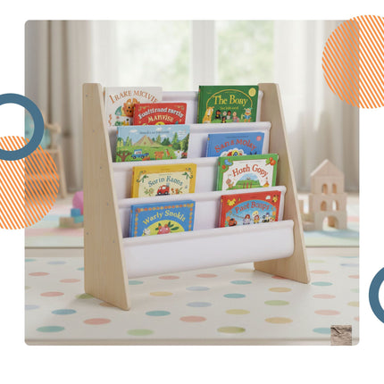 Children's Bookcase with 4 Fabric Pockets, Natural Wood