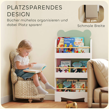 Children's Bookshelf, 3-Tier Bear-Themed, 55x15x110 cm, Green