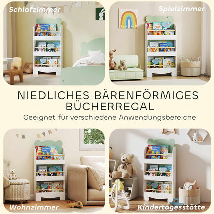 Children's Bookshelf, 3-Tier Bear-Themed, 55x15x110 cm, Green